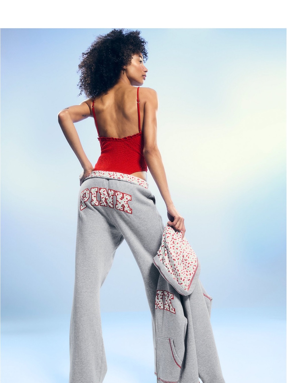 PINK Victoria's Secret Gray Wide-Leg Logo Sweatpants with Red Trim